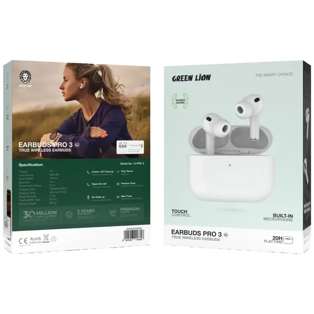 Green Lion Earbuds Pro 3 True Wireless Earbuds - White